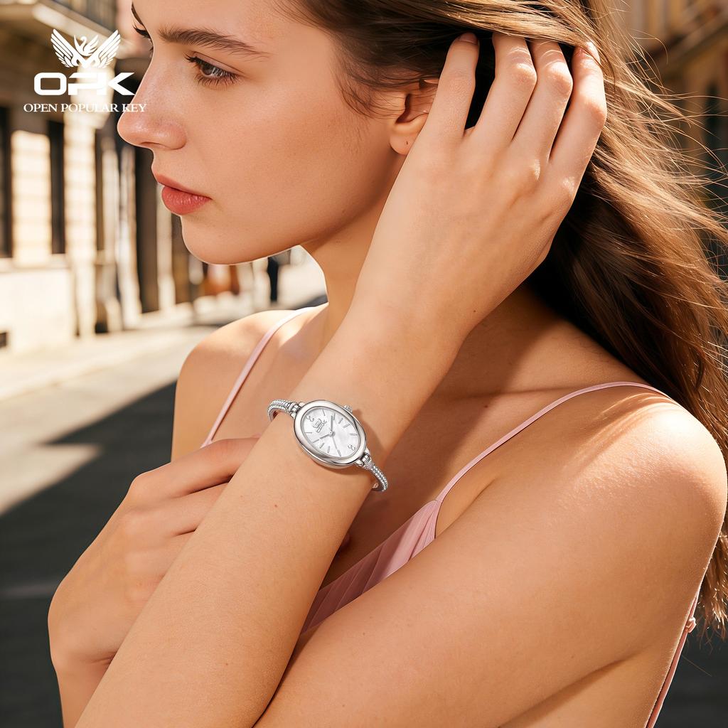 OPK 6097 Elegance Original Quartz Movement Watch Small Oval Pearl Dial 30m Waterproof Semi-bangle Bracelet Watch For Women