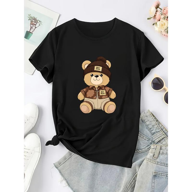 Damen Y2K Style Kurzarm-T-Shirt - Lässiges Oberteil mit Cartoon-Bären-Design, Bequem für alle Jahreszeiten, Maschinenwaschbar