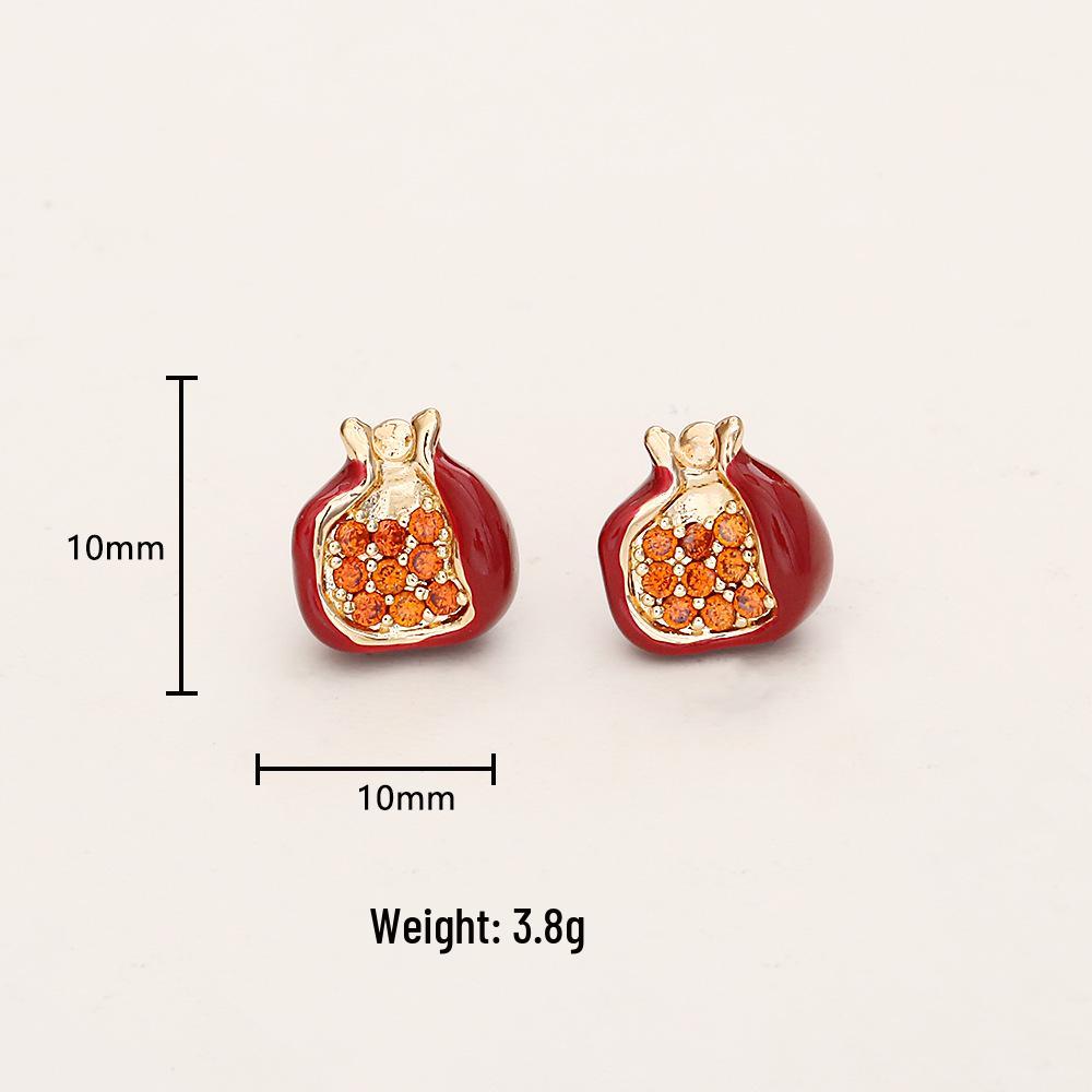 Festive Red Pomegranate Zircon Pendant Necklace & Enamel Bracelet with High-End Earrings Set