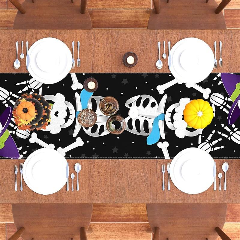 1pc White Black Halloween Table Runner Skeleton Pattern Waterproof Reusable Tablecloth for Halloween Themed Party Decoration