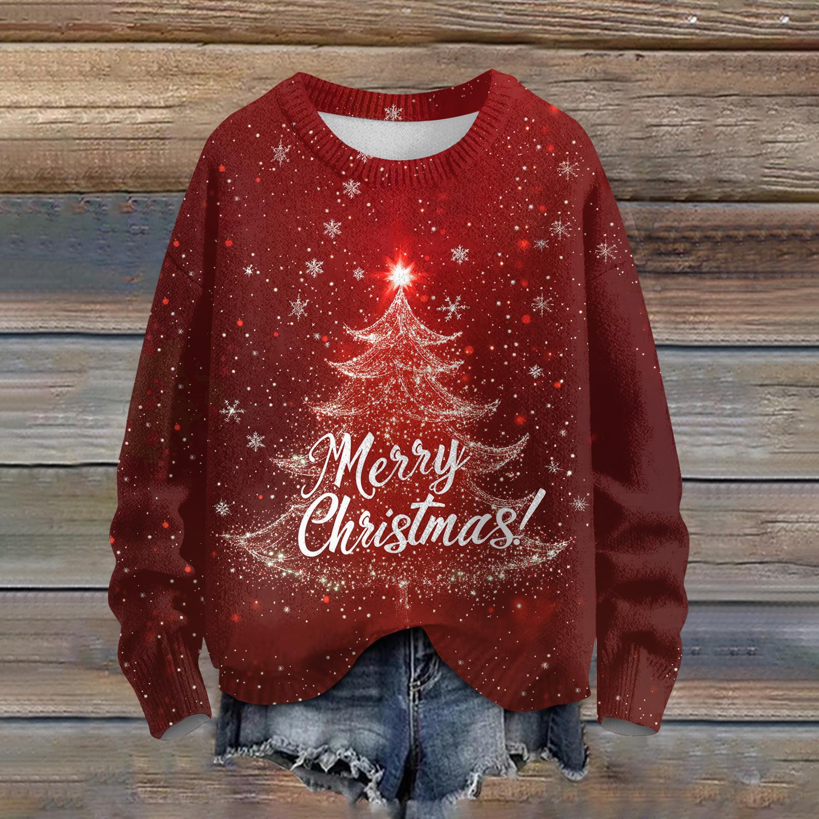 

Ladies Fashionable Casual Long Sleeved Beautiful Christmas Tree Print Round Neck Yarn Knitting S розовый