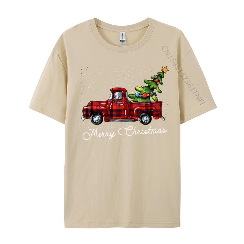 Crafty Merry Christmas Tree On Red Plaid Pickup T-Shirt Men Round-Neck Camisas Casual Tshirt Soft Cotton Fit Tee