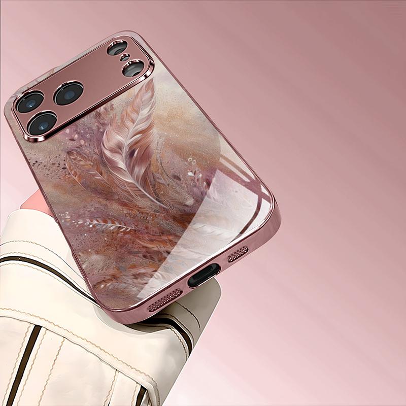 Luxus Blumenmuster Rosa Metallisch Gehärtetes Glas Handyhülle Für iPhone 11 12 13 14 15 16 17 Pro Max 15 Plus 17 Air 16E Hülle