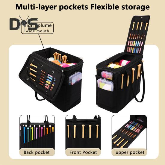 Canvas Yarn Storage Bag Solid Knitting Bag Handle Design Lightweight Portable Large Capacity Tote Organizer with Multi-layer Pockets