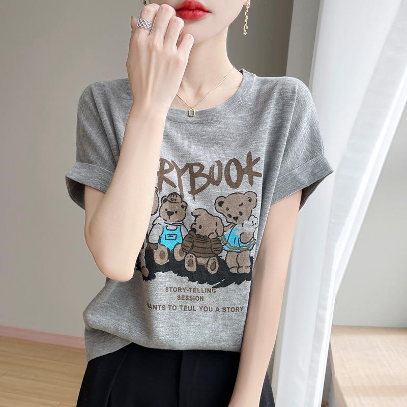 

Мультяшный свитер с медведем, с коротким рукавом, свободный, универсальный, повседневный, футболка большого размера для женщин. Летом, омолаживающий, стройнящий топ. XL