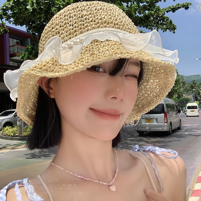 Fashionable Summer Pearl Embellished Organza Hollow Wide Brim Hat For Women And Men