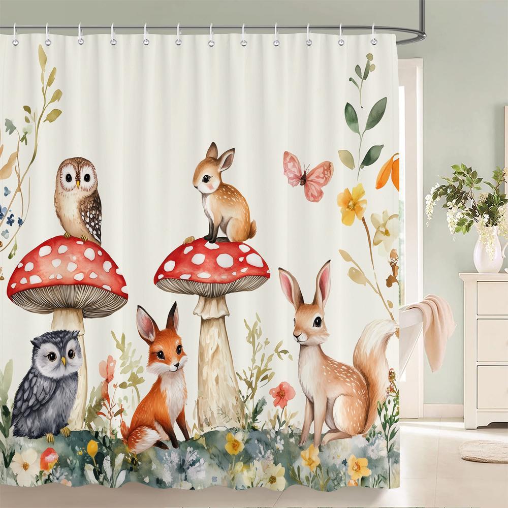Cute Rabbit Cheerful Shower Curtain, Green Fresh Floral Spring Bathroom Decorative Shower Curtain, Waterproof Shower Curtain