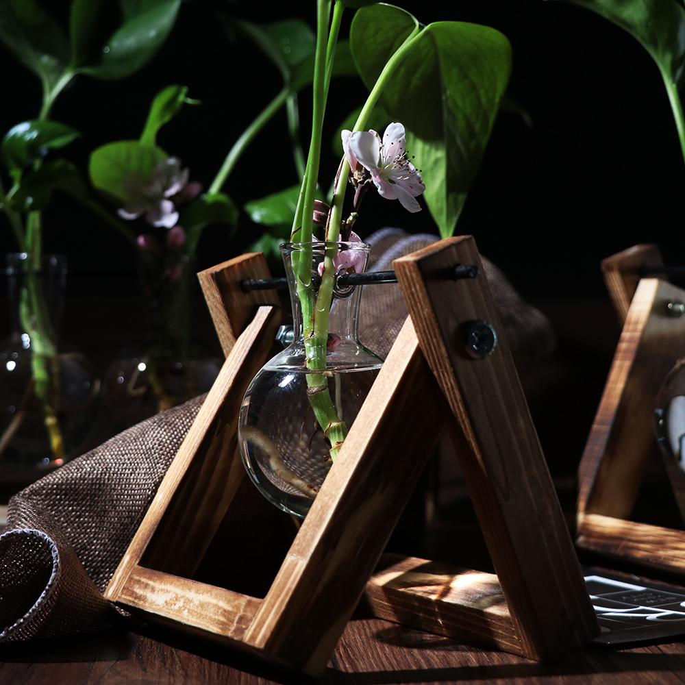 Vintage Wooden Frame Vase Plant Terrarium with Wooden Stand Glass Vase Desktop Glass Planter for