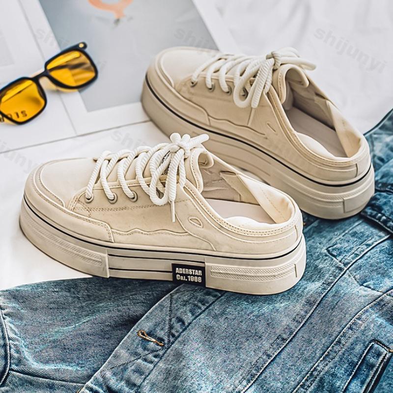 Fashion 2025 Spring New Thick Soled Height Increasing Men's Canvas Casual Fashion Trend Flat Shoes Comfortable Non slip Lace-up Sneakers