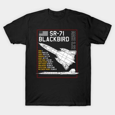 Asian Size Men Black Print T-shirt Sr-71 Blackbird Blueprint Us Spy Plane Aircraft Plane Airplane No-Cut Heat Transfer Print Cotton Tshirt