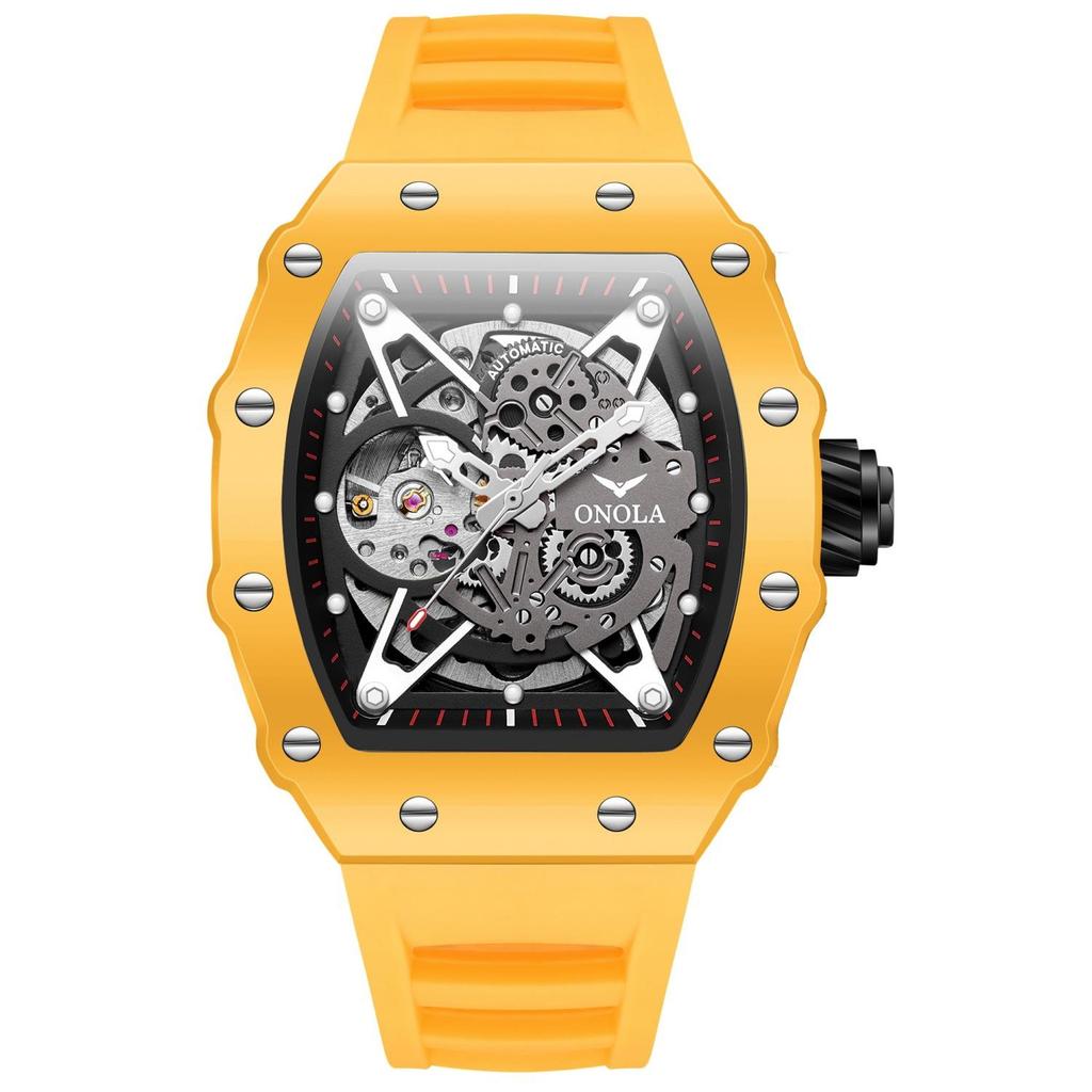 Automatic Skeleton Watch Mens Waterproof Luminous Tonneau Mechanical Wrist Watch Silicone Band