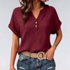 Women's V-Neck Short Sleeve Button Front Crinkle Fabric T-Shirt with Rolled Hem