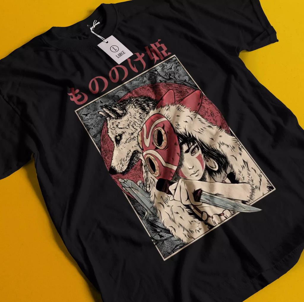 100% Baumwolle TOPS UNISEX T-SHIRTS HERREN DAMEN Prinzessin Mononoke T-Shirt Hayao Miyazaki Studio Ghibli Geschenk Schwarzes Shirt Alle Größen
