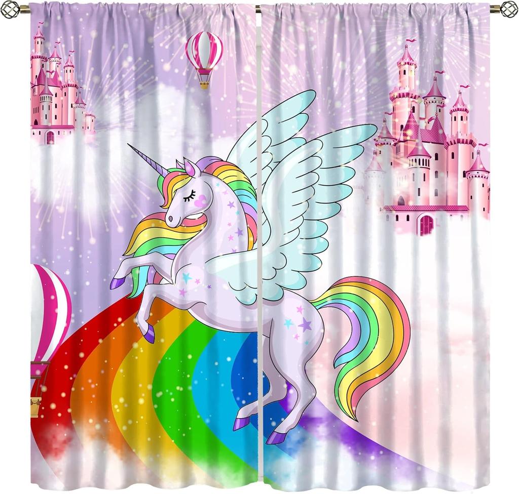 Purple Unicorn Curtains Girls Fantasy Mystery Fairytale Clouds Stars Magic Unicorns Window Drapes Kids Nursery Made Of Polyester