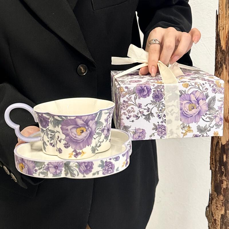 OLOEY Purple Iris & Rose Ceramic Coffee Cup Set