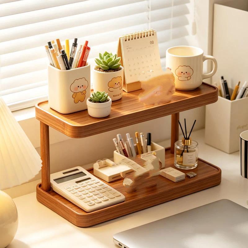 Wooden Desktop Storage Shelf 2/3 Tier Sturdy Frame Large Capacity for Skincare Stationery Home Office Desk Organizer
