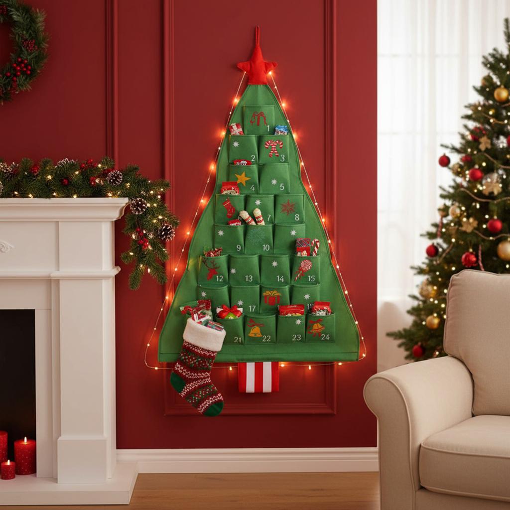Xmas Tree Empty Cloth Ornaments with Pockets 24 Days Countdown Calendar Reusable Natural Hanging Storage Bag for Home Decor