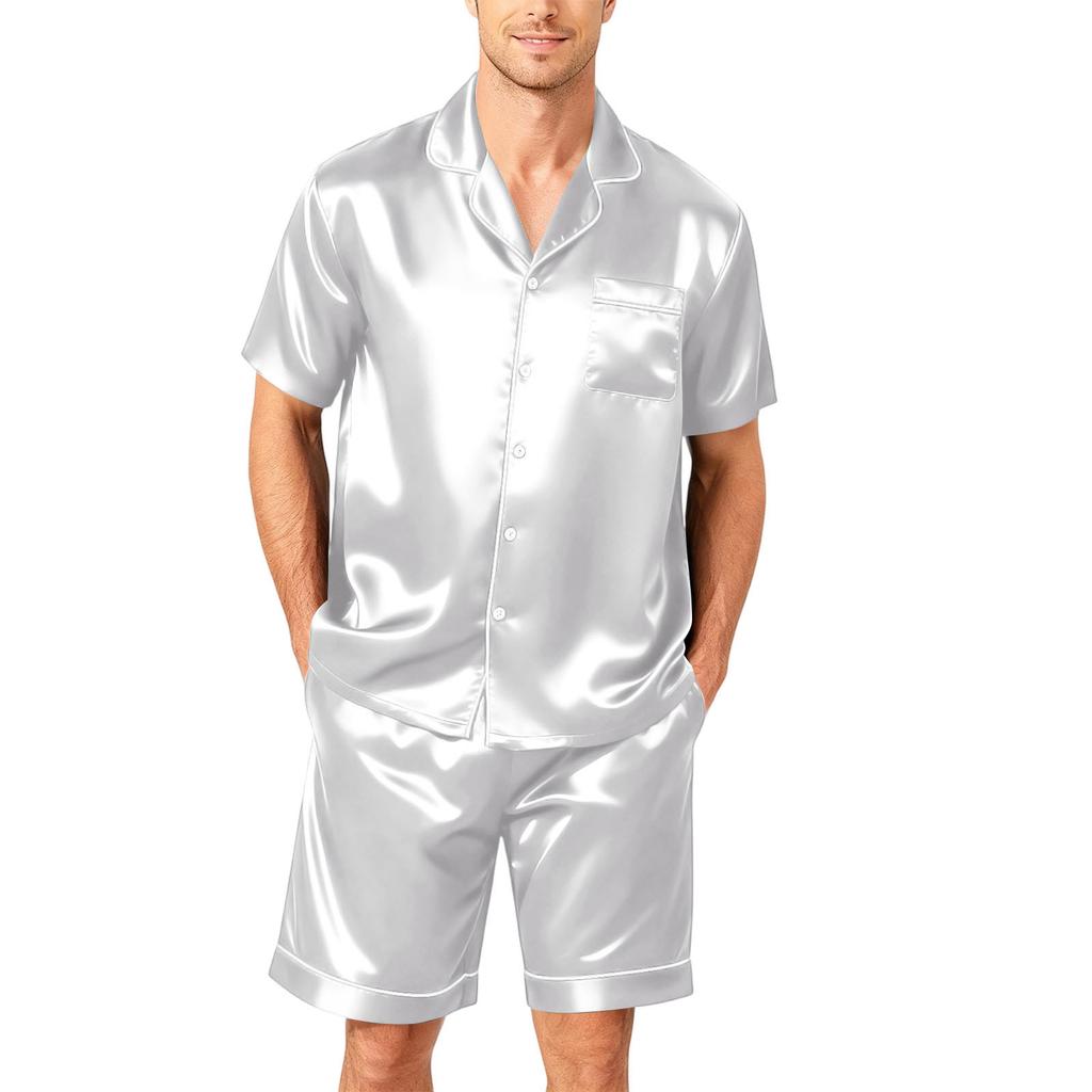 Men's Short Sleeve Pajama Set Button Down Shirt with Notched Collar and Matching Shorts Soft Lightweight Lounge Sleepwear S To XXXXL