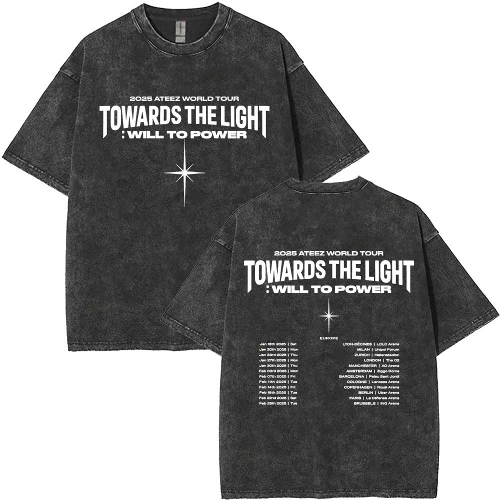 Washed Vintage Kpop ATEEZ "FlX ON" Merch T-shirt Men Women Korean Fashion Trend T Shirts Men's Casual Oversized Cotton T-shirts