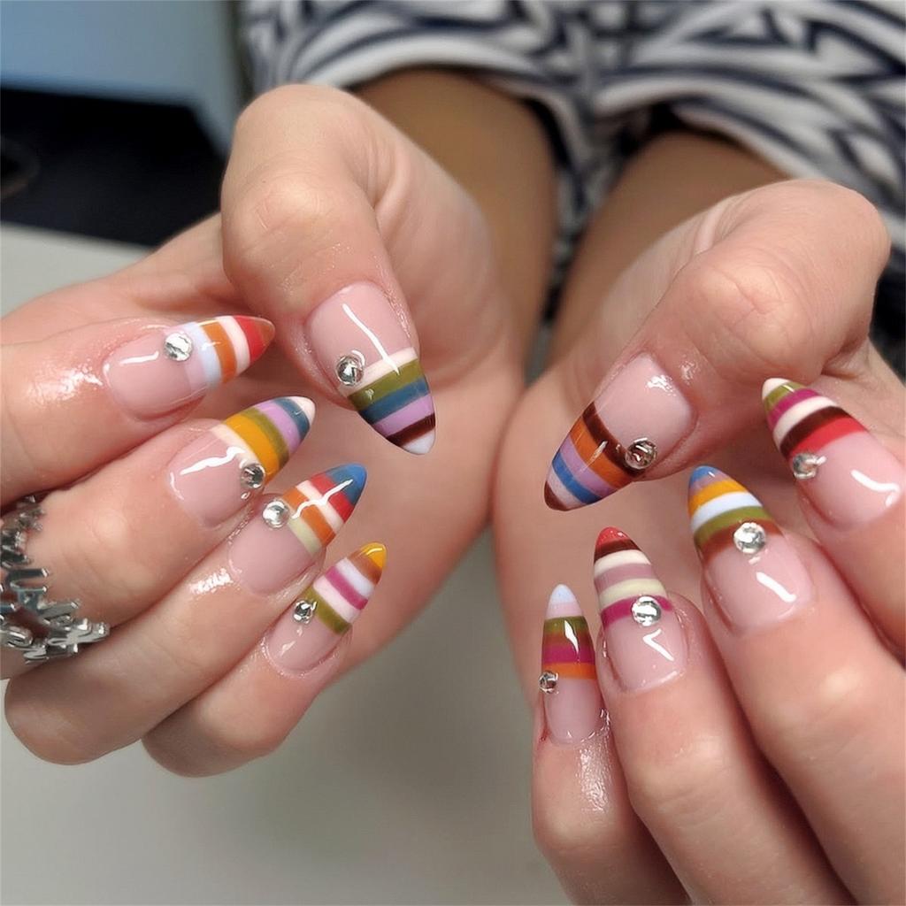 24Pcs Almond Shape False Nails Brown Stripes Pink Flowers Fake Nails Wearable Full Cover Nails Tips Acrylic Nail Tips False Nail