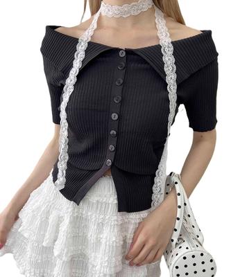 WEGO PHILLY Button Short Sleeve Size Charcoal Off-the-Shoulder Top, Cute, Girly, Women's, F,