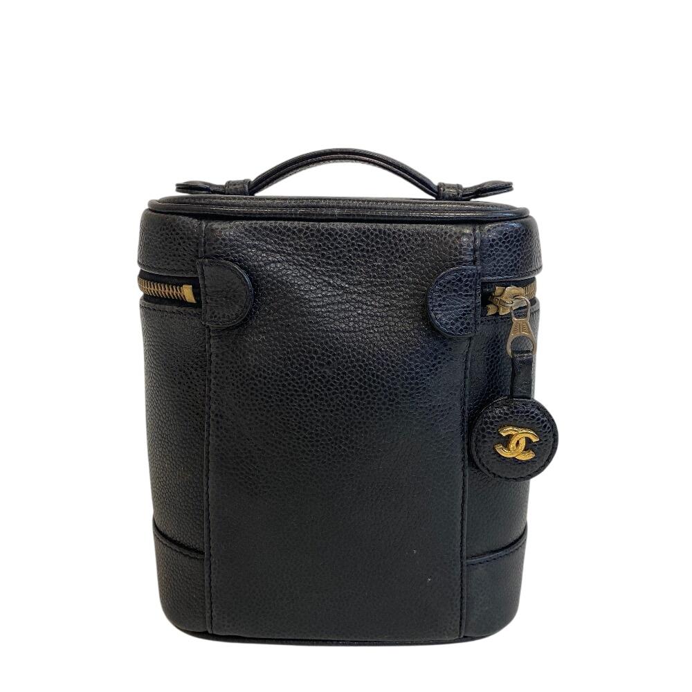 CHANEL Cosmetics Pouch Mini Bag COCO Mark Caviar skin Vertical vanity bag Handbag black Caviar skin Women Used