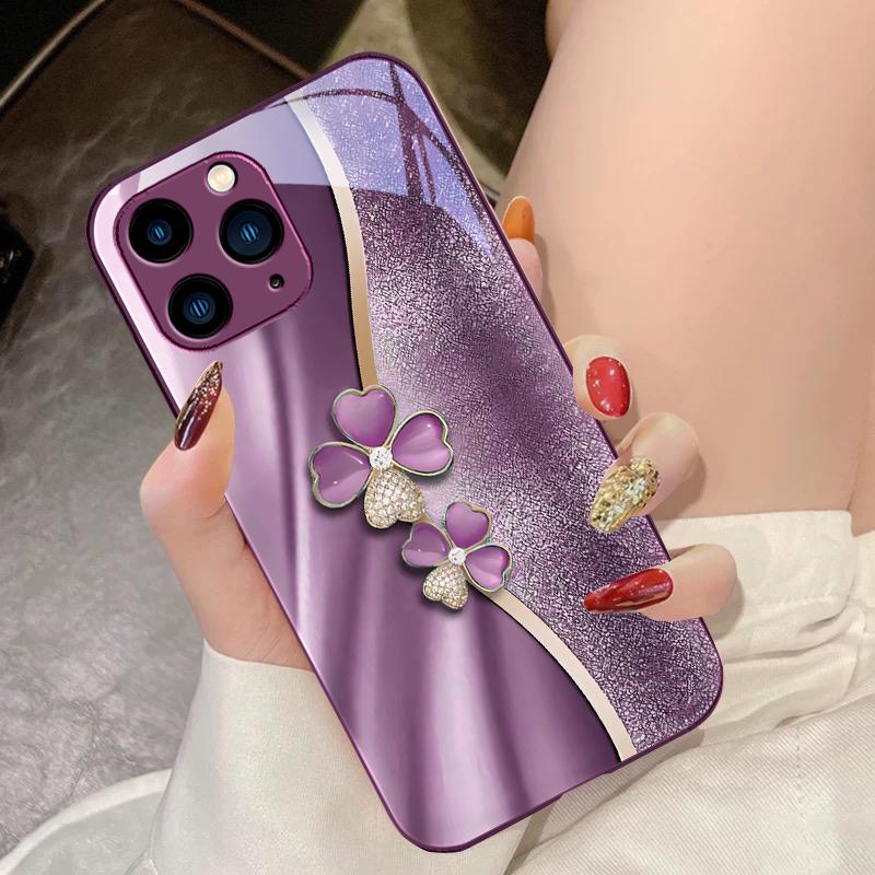 Luxuriöses vierblättriges Kleeblatt für iPhone 16 Pro Max 15 Pro 14 13 12 Mini 11 XS Max XR 7 8 Plus SE 2022 Handyhülle aus gehärtetem Glas