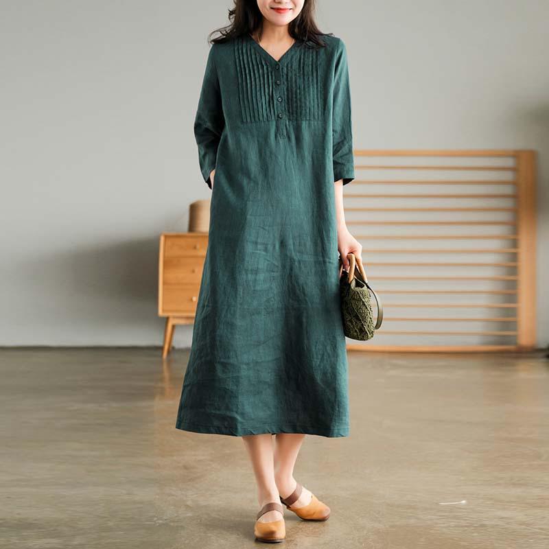 2024 Summer Artistic Loose Patchwork Cotton Linen V-Neck Mid-Length Dress with Five-Point Sleeves