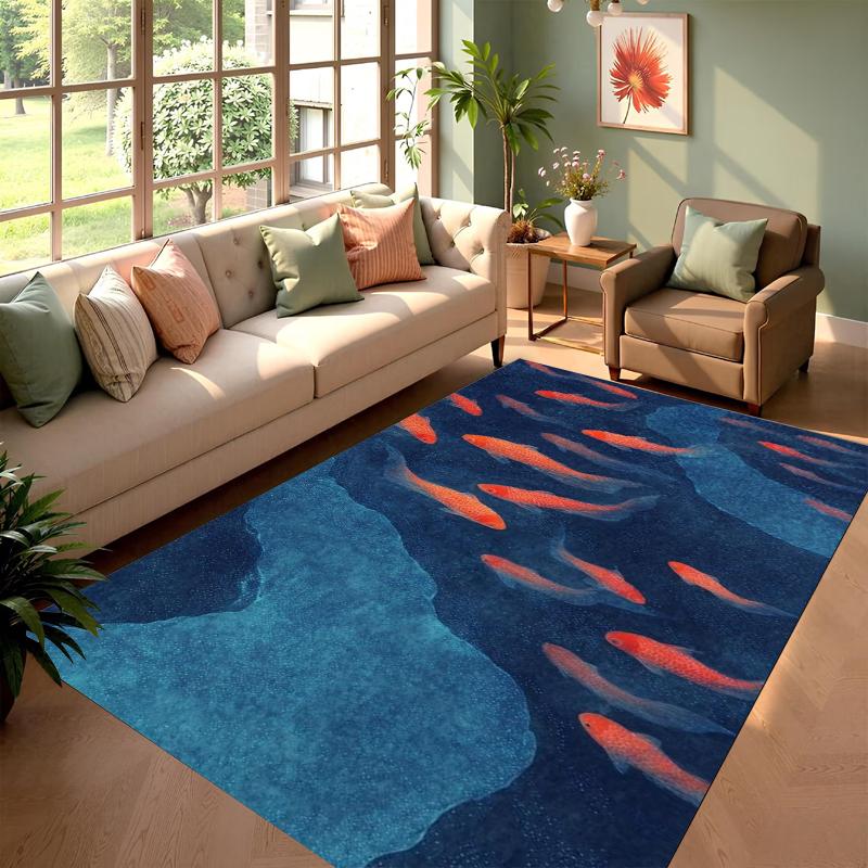 Blauer Fischmuster Wohnzimmerteppich Teppichmatte Heimdekoration Rutschfeste Bodenmatte Nordischer Stil Teppich Meereswelle Fischdesign
