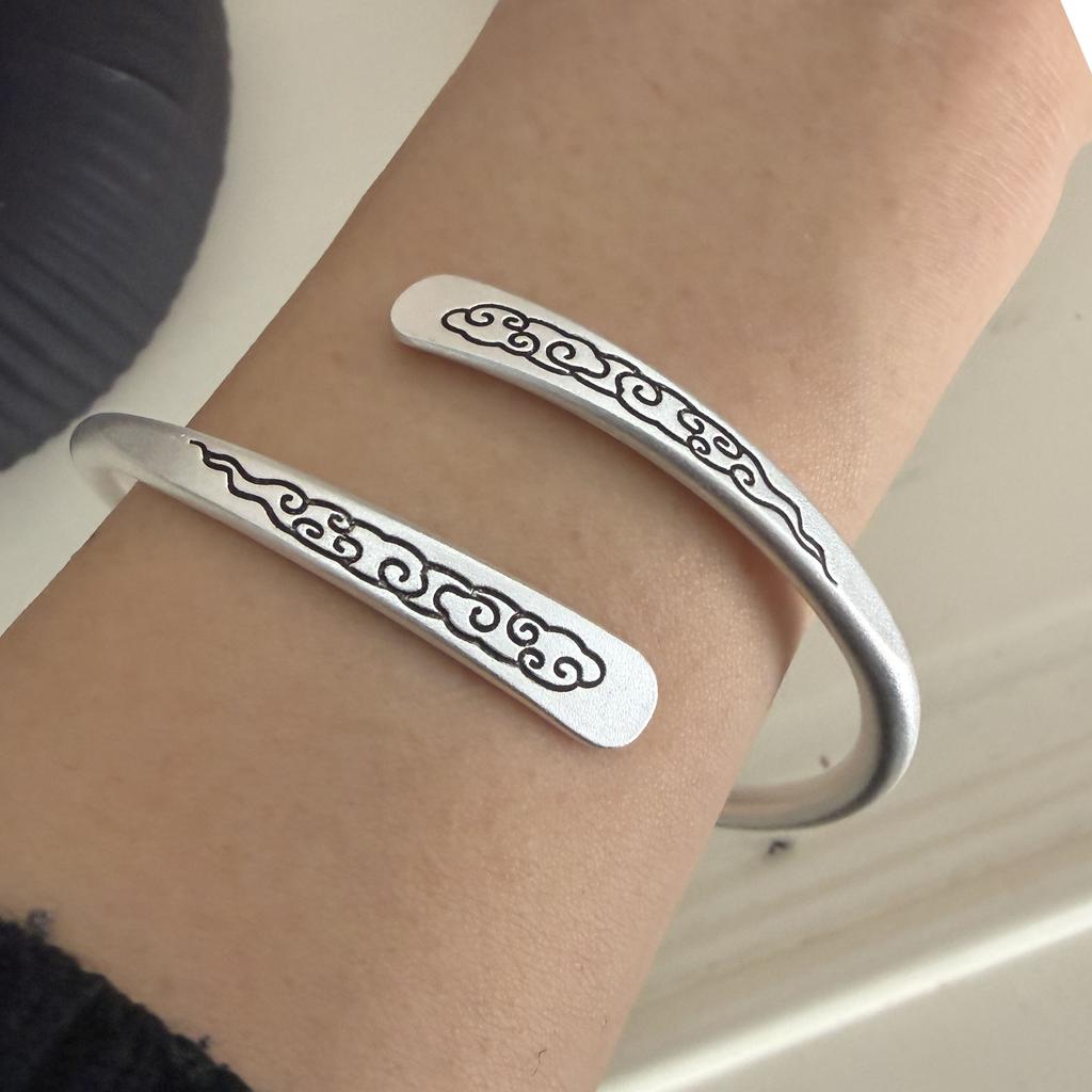 100% Solid 925 Sterling Silver Retro Bracelet for Women Men Vintage Handmade Cloud Pattern Simple Bracelet Birthday Gift