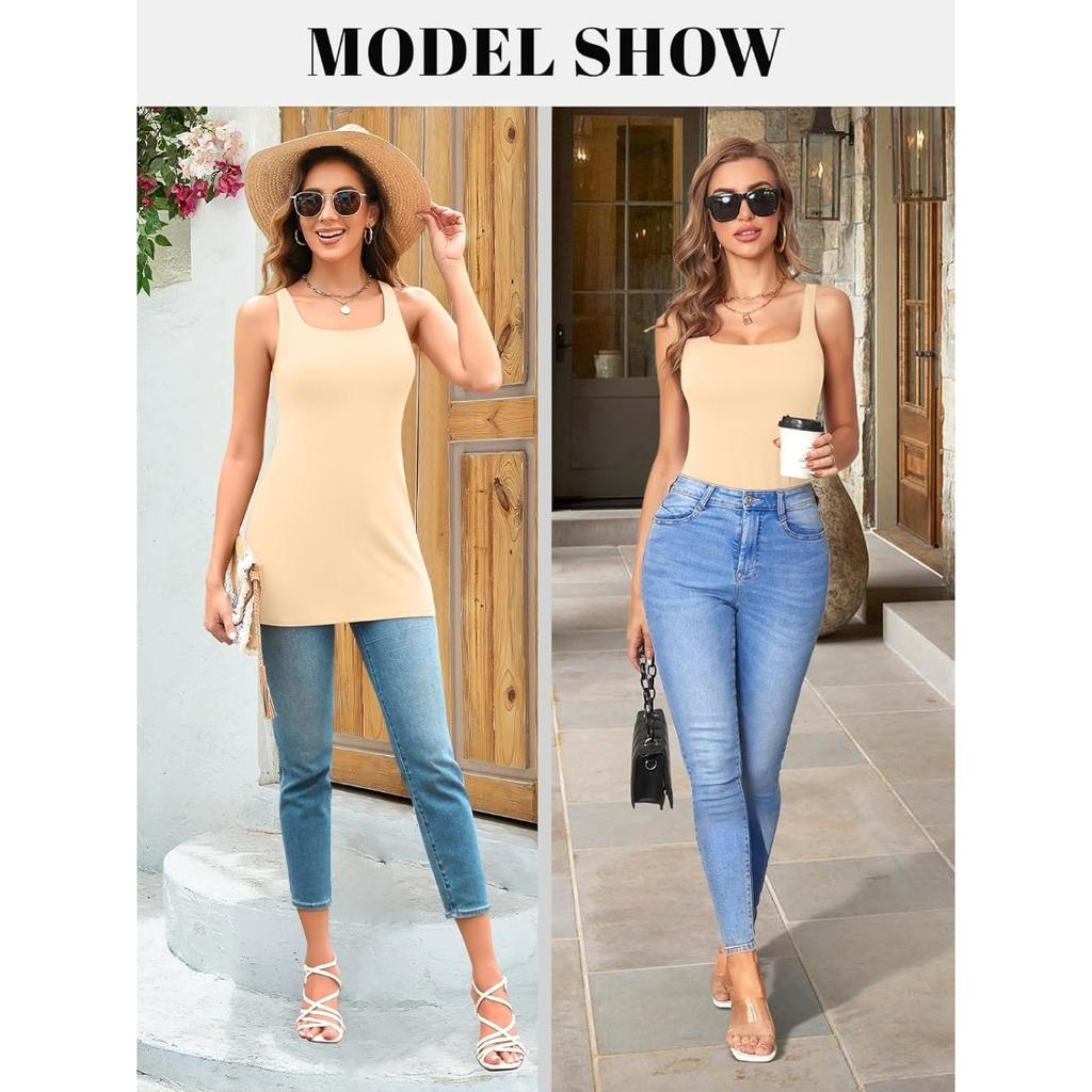 CHARMLEAKS Langes Tanktop für Damen mit Regal-BH, quadratischer Ausschnitt, breite Träger, Camisole, Sommer-Unterhemden aus Baumwolle