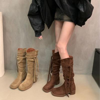 Retro Ödland Fransen Ritterstiefel aber Kniestiefel Slim Pile Stiefel Frühher Herbst Dicke Ferse Damenstiefel Westernstiefel