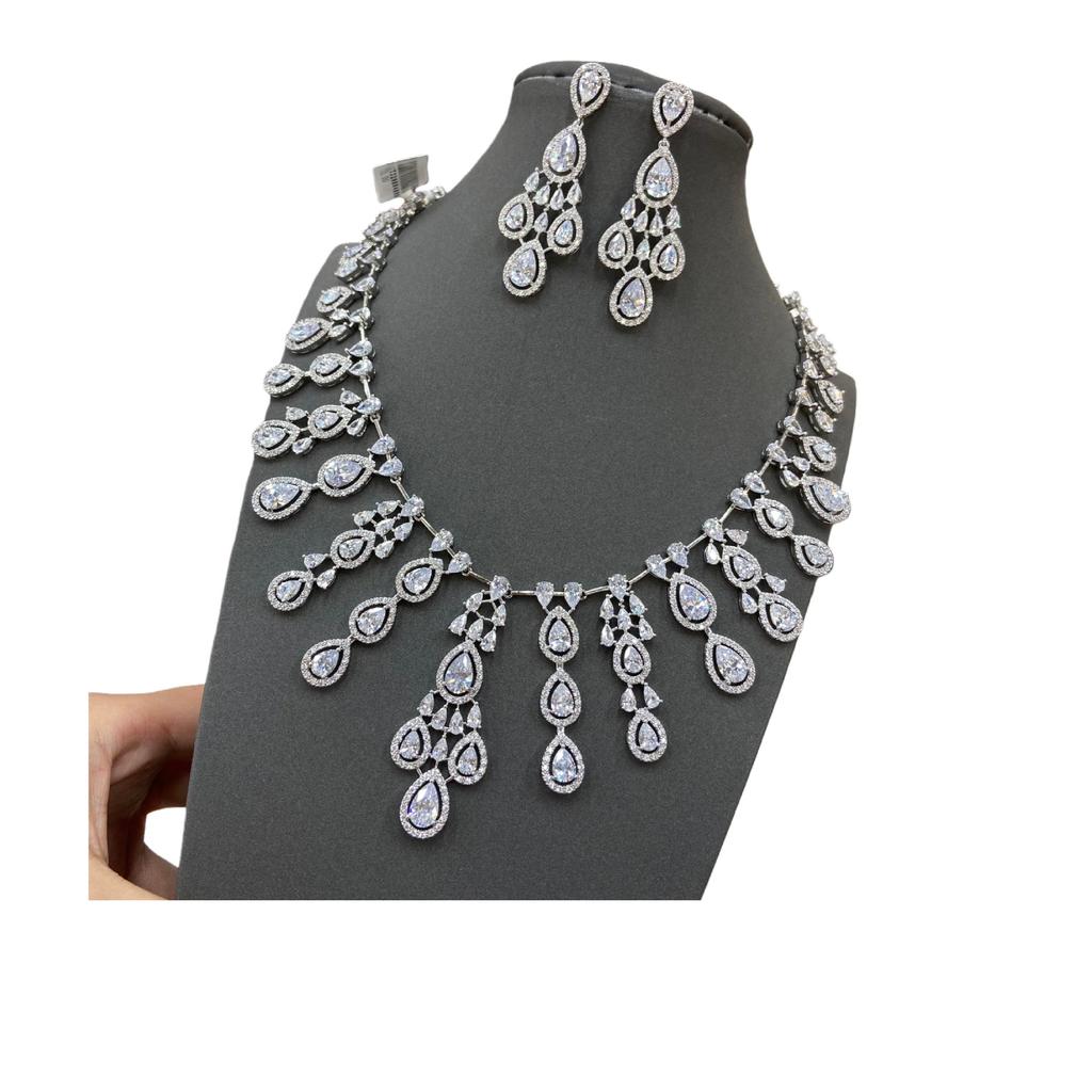 Wind Geometry Water Drop Long Micro-Inlaid Zircon Earrings Necklace Luxury Temperament Banquet Super Flash Bridal Wedding
