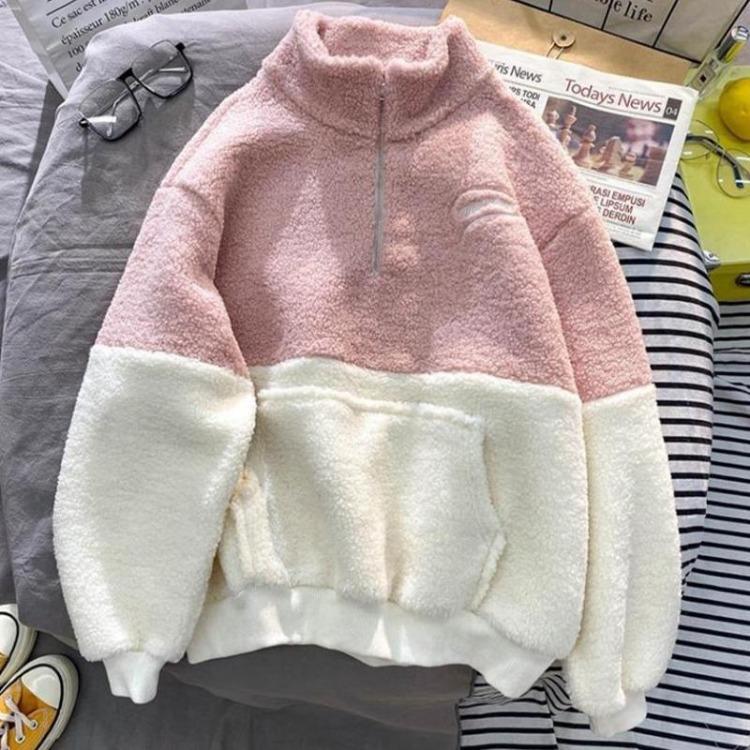 Warm Velvet Women Pullover Sweatshirt Thickened Stand Collar Half Zipper Top