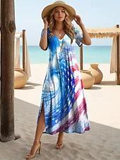 American Flag Flower Pattern Slim Long Dress V-neck Short Sleeve Side Split Hanging Loose Medium and Long Dress