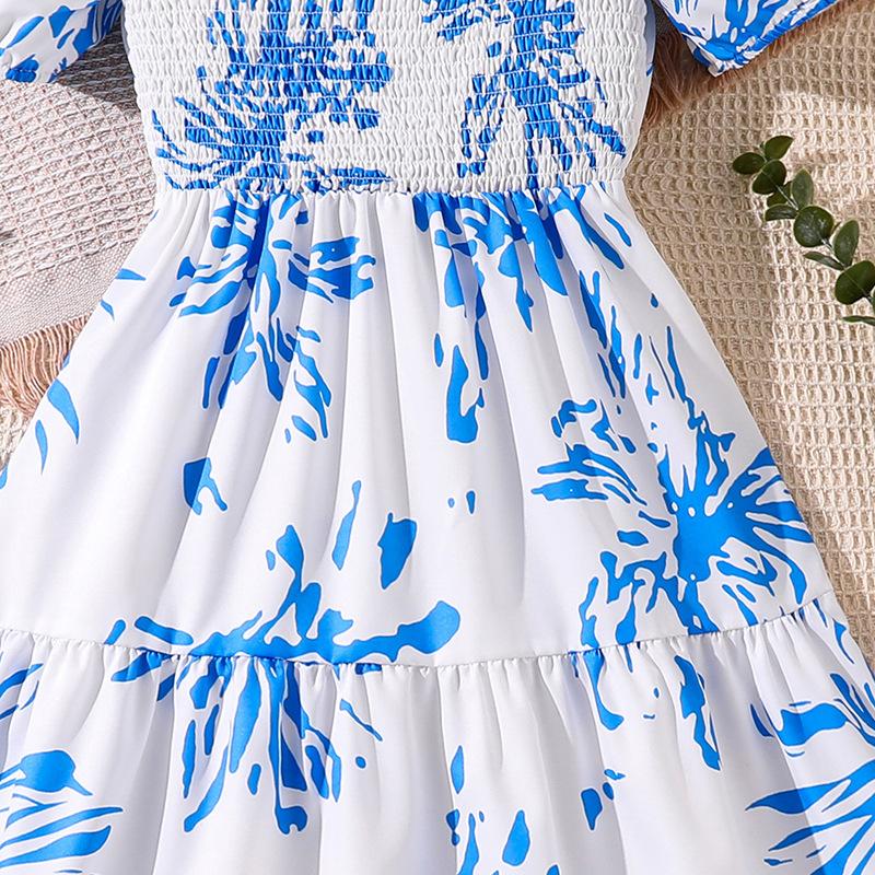 Girls Elegant Dress Spring Summer Children's Slim-fit Printed Puffed Sleeve Dress