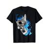 European Sizes Men's Black Lucha Libre Wrestling T-Shirt , Crew Neck, Regular Fit, Graphic Print Design with Blue Flames & Mask Detail
