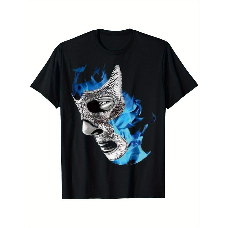 

European sizes Men s Black Lucha Libre Wrestling T-Shirt , Crew Neck, Regular Fit, Graphic Print Design with Blue Flames & Mask Detail 4XL чорний