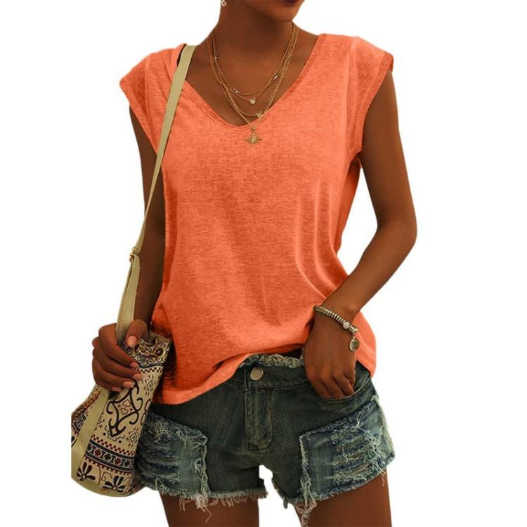 Women Fashion Casual V Neck Loose T-Shirt Solid Color Short Sleeve Top