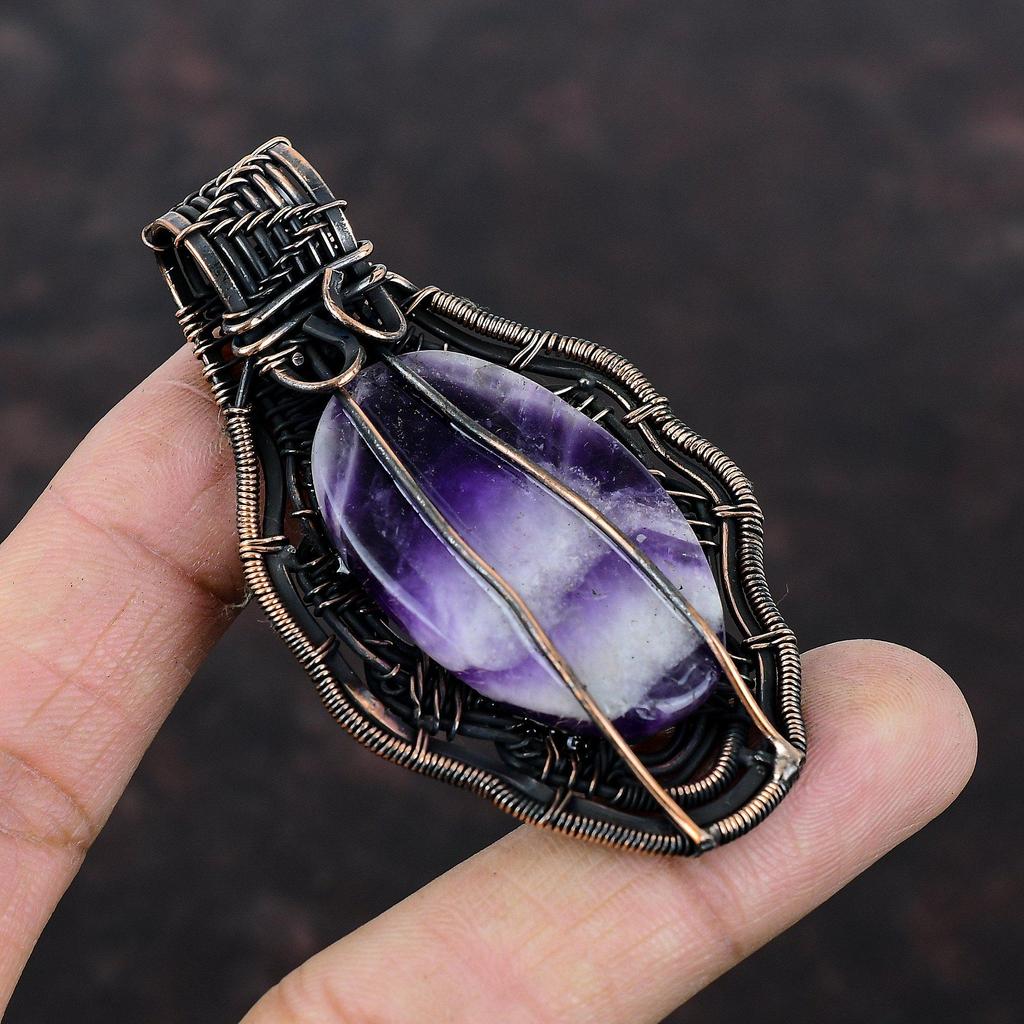 Chevron Amethyst Pendant Copper Wire Wrapped Pendant Ethnic Style Pendant Handmade Jewelry Gift For Mom Gemstone Pendant Copper Wire Jewelry