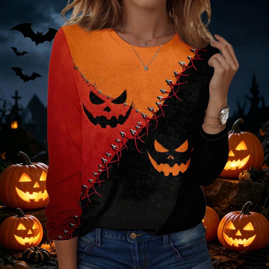 Damen Halloween Bedruckter Pullover Sweatshirt Langarm Rundhalsausschnitt Lässiges Lockeres Oberteil für Herbst Winter Alltag