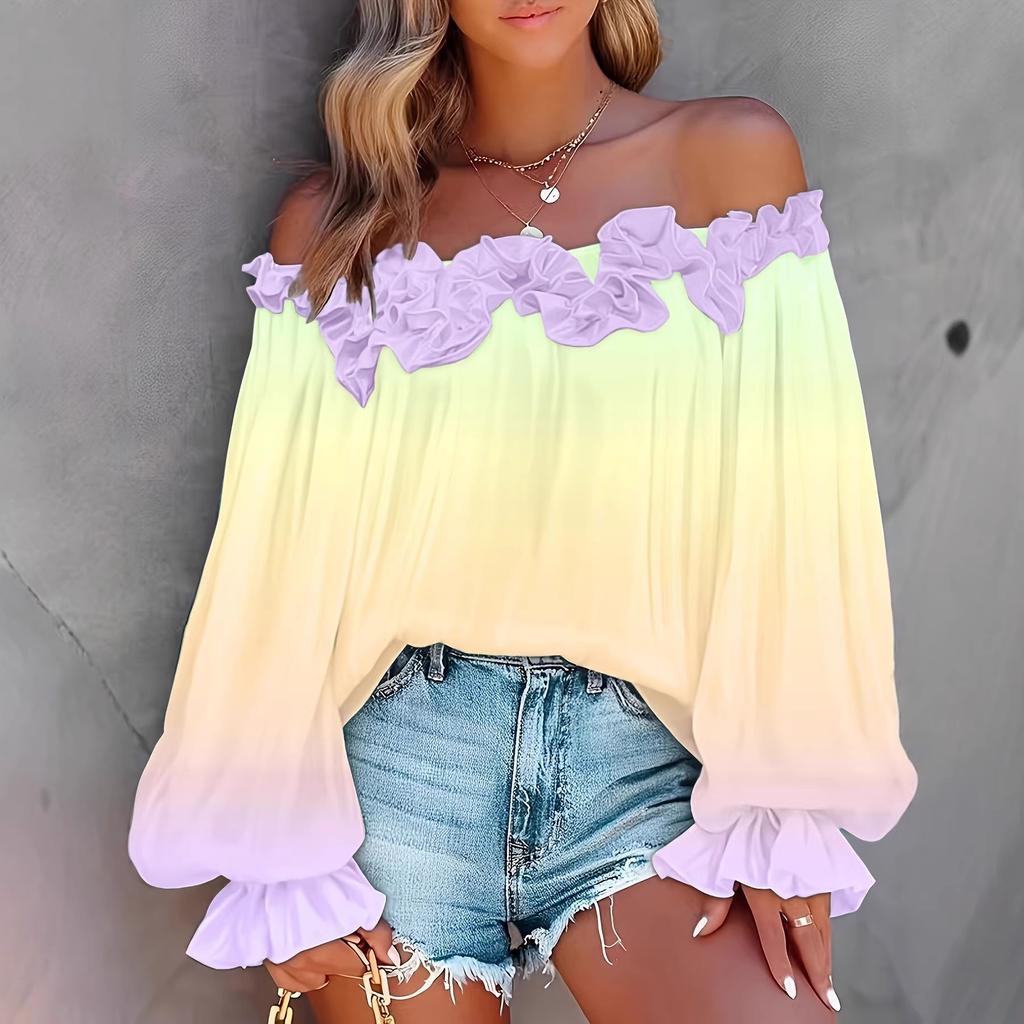 Neue Frühlingskleidung - Stilvolle einärmelige Farbverlauf-Spitzen-Off-Shoulder-Bluse für Damen