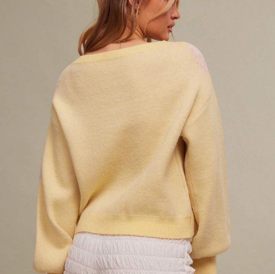 2025 Floral Jacquard Ribbed Cuff Women's Knitwear – Casual Long-Sleeved Sweater