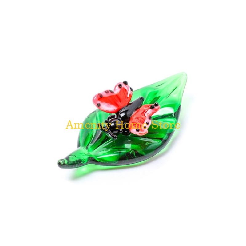 F26C Art Glass Insect Miniature Animals Collection Glass Green Leaf Ladybugs Ants Figurine Tabletop Ornament Home Office Decors