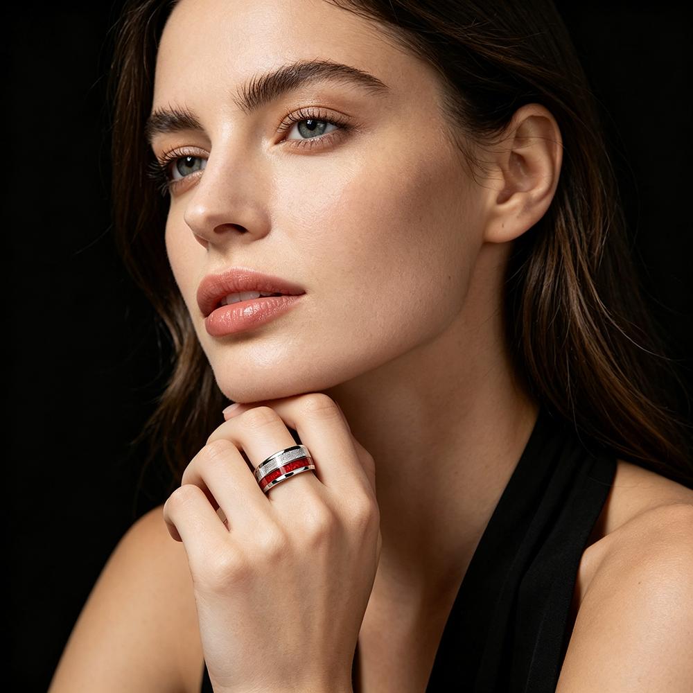 Fashion 8mm Silver Color With Red Opal Meteorite Inlay Rings Men Stainless Steel Ring for Men Women Wedding Party Jewelry