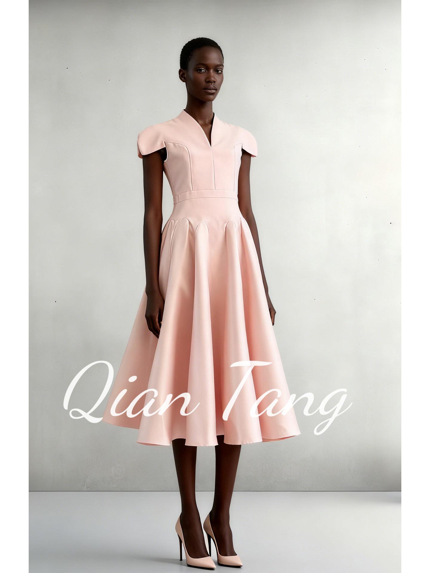 Petal Puff V-Neck Acetate Gown: European & American Casual Style L