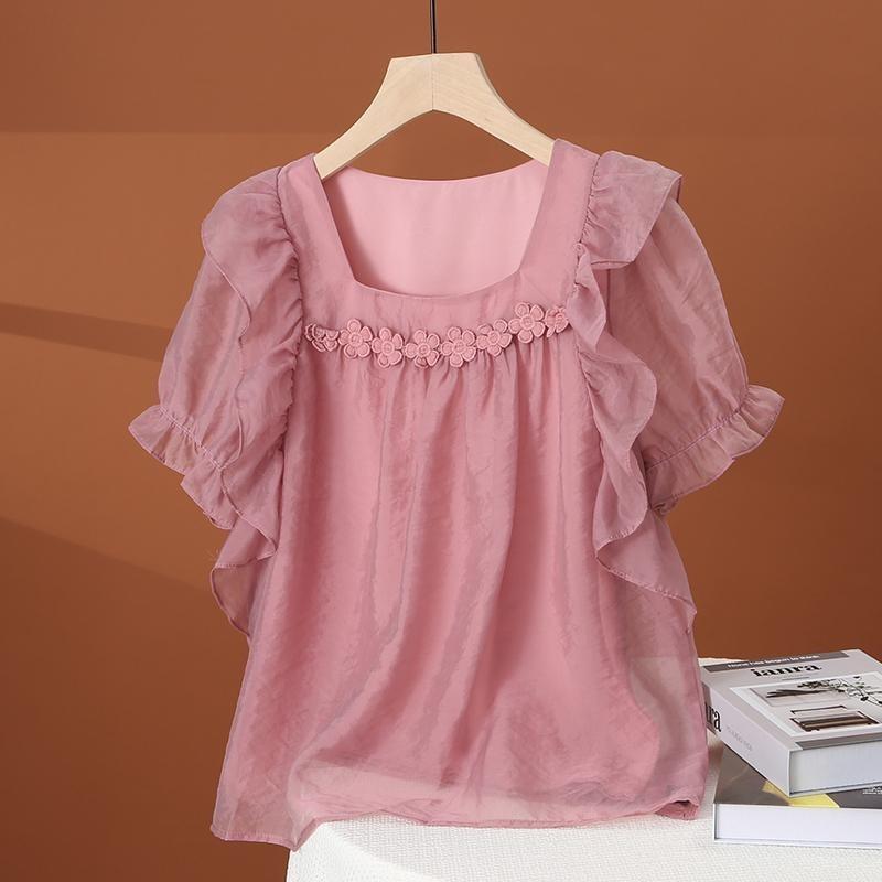 Elegant and Fashionable Lace Hem Chiffon Short Sleeve Blouse with Square Neck for Women's Summer Top