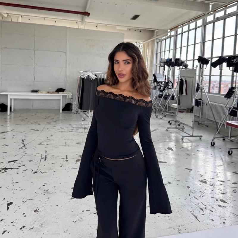 New One-shoulder Sexy Off-shoulder Slim-fitting Eyelash Lace Top for Women S чёрный