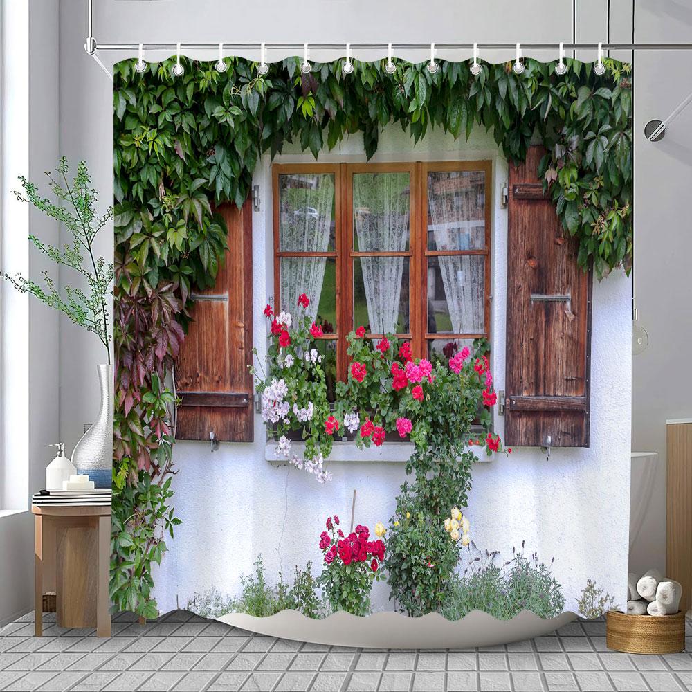 Full Of Flowers European Window Wall Shower Curtain Natural Scenery Outdoor Garden Poster Polyester Bath Curtains Bathroom Decor