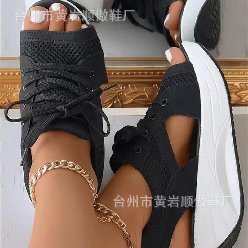 Sandals Women's Summer New Fashion Fish Mouth Sandals Lace-up Wedge Heel Rocking Bottom Sports Sandals